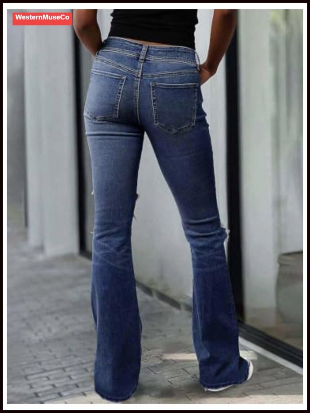 Mid Rise Flare Bootcut Ripped Distressed Stretch Denim Jeans - Picture 2 of 4